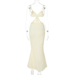 Solid hollow out waffle backless cami midi dress