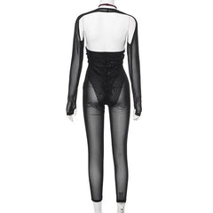 Long sleeve button halter cross front shrug mesh backless 2 piece jumpsuit
