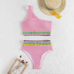 Textured contrast beaded one shoulder bikini swimwear