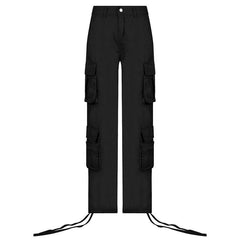 Drawstring solid low rise cargo pocket jeans