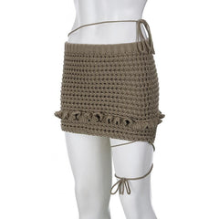 Crochet hollow out solid lace up ruffle mini skirt