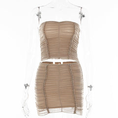 Sleeveless solid mesh textured backless mini skirt set