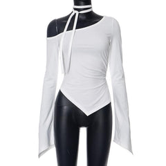 Long flared sleeve off shoulder ruched irregular top