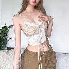 Lace v neck irregular patchwork contrast cami crop top