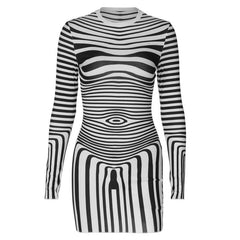Striped contrast long sleeve crewneck mini dress