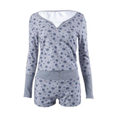 Contrast print long sleeve button patchwork pant set