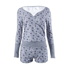 Contrast print long sleeve button patchwork pant set