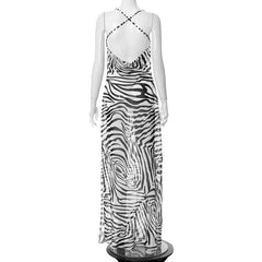 Cowl neck print cross open back maxi chiffon dress