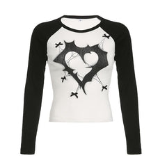 Heart pattern long sleeve patchwork contrast top