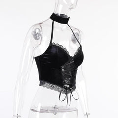 Velvet halter buttoned lace up crop top