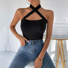 Cross front self tie hollow out solid ribbed top