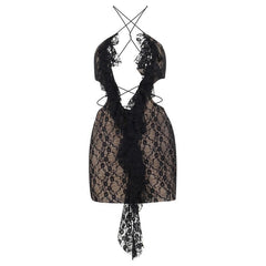 Cross front backless hollow out lace hem contrast mini dress