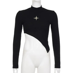 Star applique high neck long sleeve irregular ribbed crop top