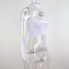 Fluffy gloves solid beaded backless tube crop top