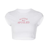 “SPOILEDââ‚?embroidery contrast crewneck cap sleeve crop top