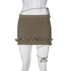 Crochet hollow out solid lace up ruffle mini skirt