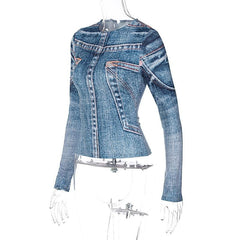 Long sleeve denim print crewneck contrast top