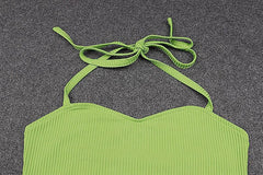Halter self tie backless sweetheart neck ribbed solid crop top