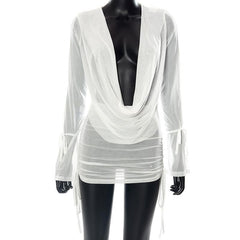 Open back sheer mesh long sleeve ruched skirt set