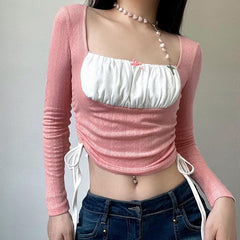 Drawstring textured patchwork contrast long sleeve crop top