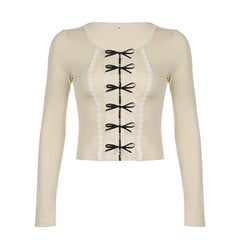 Bowknot contrast lace hem long sleeve top