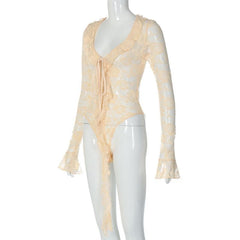 Long flared sleeve ruffle see through lace bodysuit