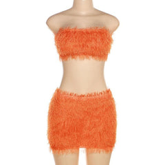 Fluffy solid backless tube mini skirt set