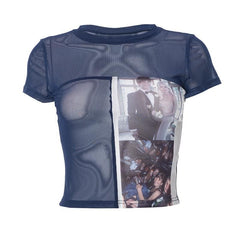 Patchwork sheer mesh see through short sleeve crop top