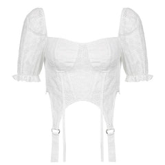 Solid square neck embroidered puff short sleeve crop top