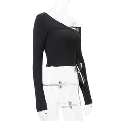 Long sleeve one shoulder button hollow out irregular solid top