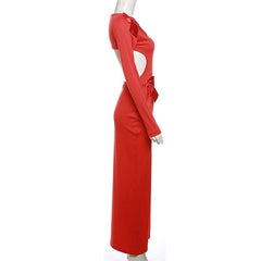 Bowknot backless hollow out solid long sleeve maxi dress