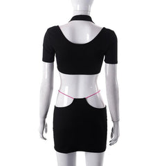Contrast halter hollow out short sleeve lace up mini skirt set