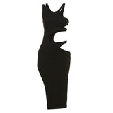Ribbed solid hollow out sleeveless irregular slit midi dress