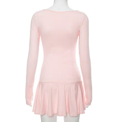 Ruched long sleeve v neck solid gloves ruffle mini dress