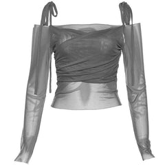 Long sleeve mesh self tie off shoulder solid crop top