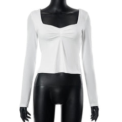 Square neck ruched long sleeve slit solid top