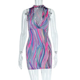 Contrast striped print turnover collar v neck sleeveless mini dress