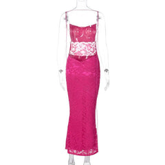 Lace solid square neck ruched spaghetti strap backless maxi dress