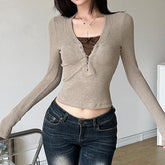 Button contrast patchwork long sleeve top