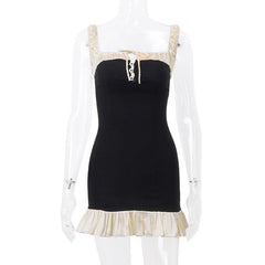 Sleeveless square neck ruffle patchwork contrast mini dress