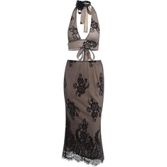 Halter self tie lace backless v neck midi skirt set
