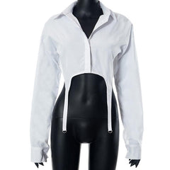 Turnover collar button long sleeve solid crop top