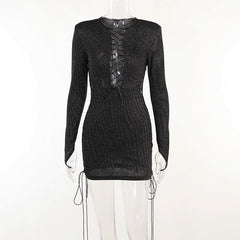 Long sleeve hollow out lace up gloves textured mini dress - Final Sale
