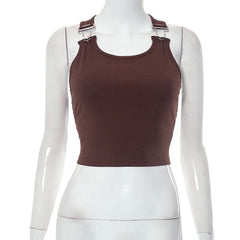 Ribbed buckle u neck sleeveless solid crop top