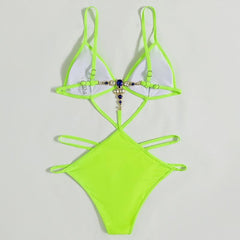 Stone decor solid hollow out backless cami one piece swimwear