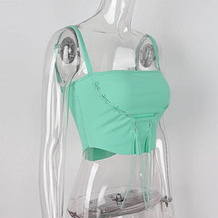 Lace up ribbed square neck backless ribbon solid cami top