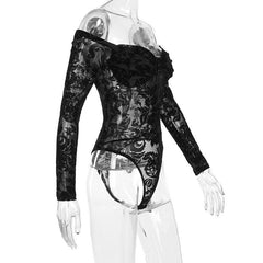 Button mesh solid off shoulder long sleeve bodysuit