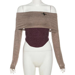 Star applique off shoulder long sleeve patchwork contrast top