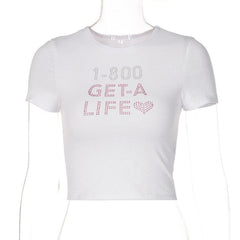 “GET-A LIFE”pattern beaded contrast short sleeve crewneck crop top