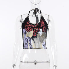 Sleeveless halter abstract self tie backless o ring crop top